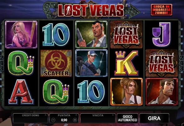 Il gameplay e i rulli della slot Lost Vegas prodotta da Microgaming.