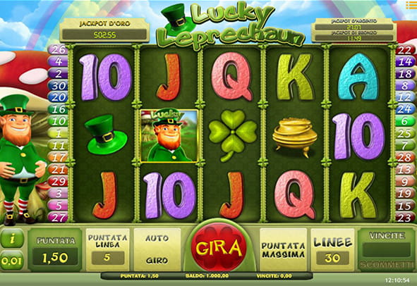 L'interfaccia grafica della slot Lucky Leprechaun durante una sessione di gioco.