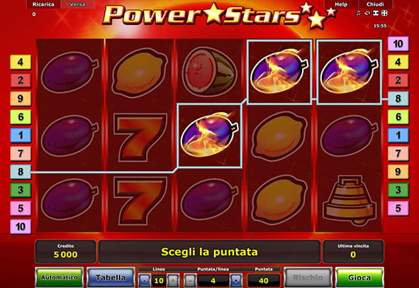 L'interfaccia grafica della slot Power Stars targata Novomatic.