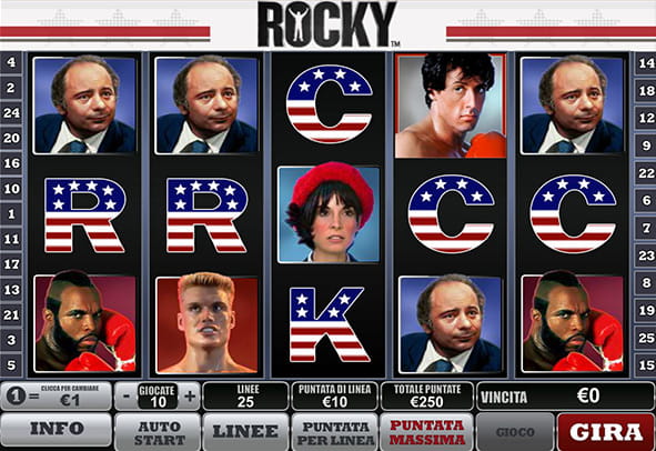 La videoslot Rocky della Playtech e i rulli del layout di gioco.