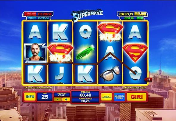 L'interfaccia grafica della slot Superman II di Playtech.