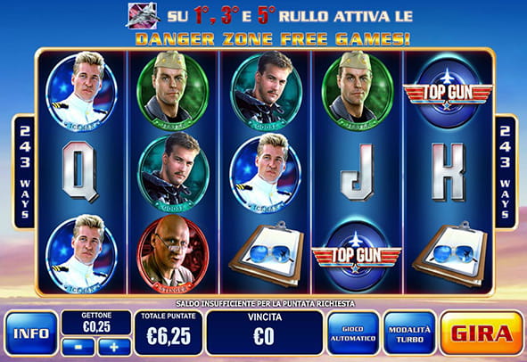 Il layout della slot Top Gun prodotta da Playtech.