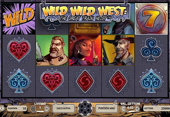 L'interfaccia di gioco della macchina a rullo Wild Wild West presente sul catalogo dei giochi NetEnt.