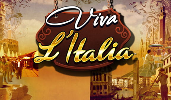 Il logo della slot Viva L'Italia di Random Logic su uno sfondo di scene di vita quotidiana.