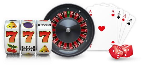 Rulli di una slot machine, ruota della roulette, carte e dadi da gioco dei migliori software casinò. 