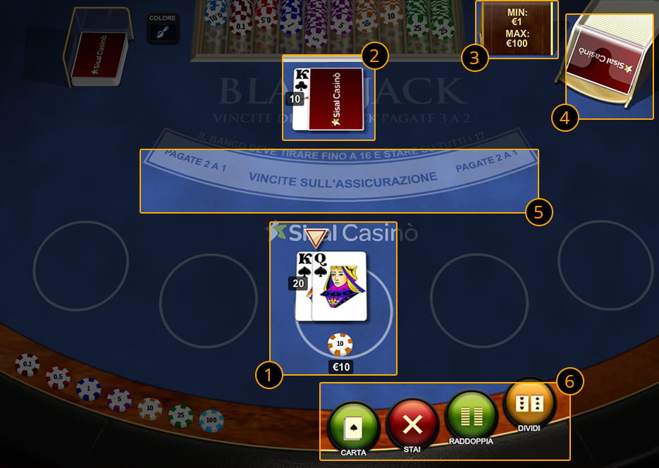 Il classico tavolo da blackjack online con dei riquadri che evidenziano le carte del banco, quelle del giocatore, il sabot, l'opzione assicurazione e i pulsanti della strumentazione.