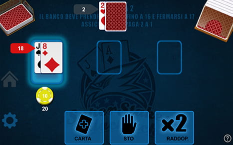 La strumentazione di un tavolo blackjack da un dispositivo portatile, caratterizzata da un differente layout per via dello spazio ridotto dello schermo.